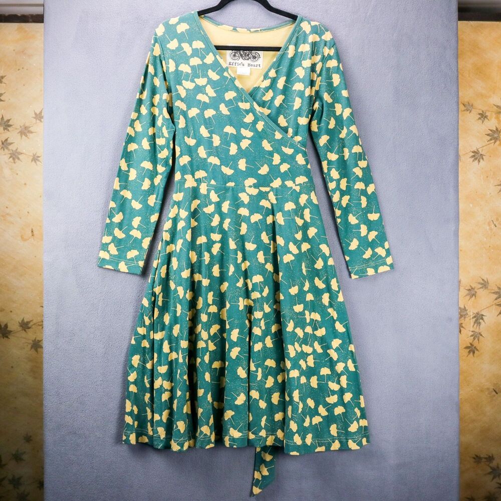 Effie's Heart Ginko Print Faux Wrap Long Sleeve Cotton Dress L